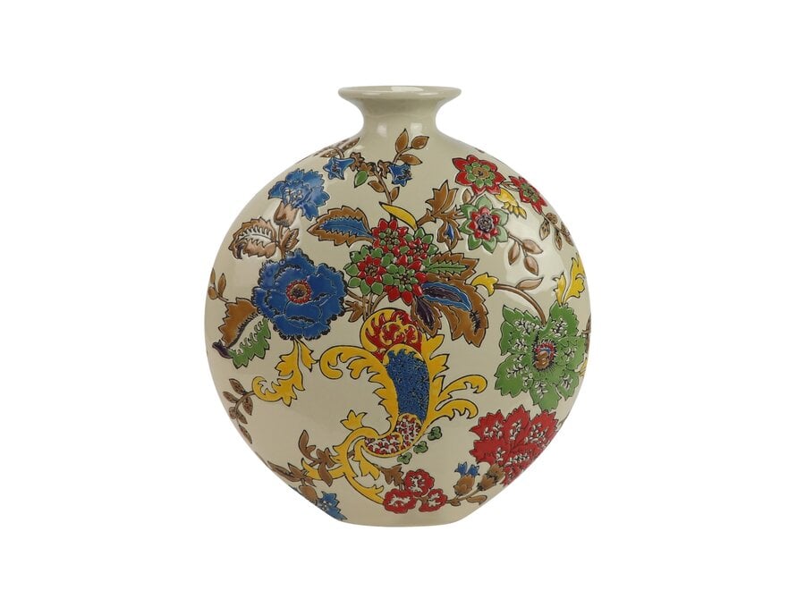 Vase Chinois Porcelaine Blanc Fleurs Peint à la Main L32xP12xH34cm