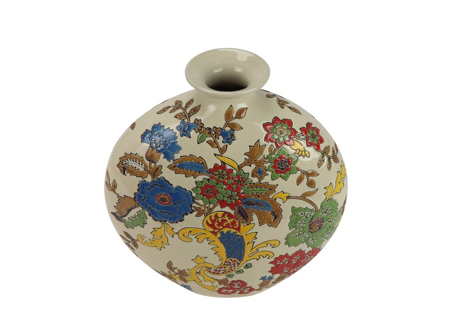 Vase Chinois Porcelaine Blanc Fleurs Peint à la Main L32xP12xH34cm