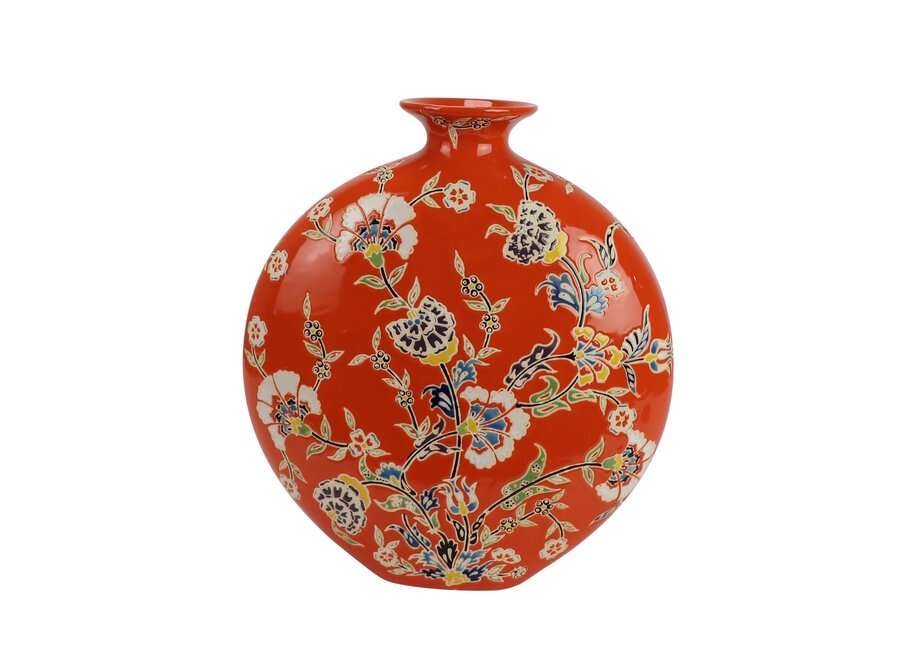 Vase Chinois Porcelaine Orange Fleurs Peint à la Main L32xP12xH34cm