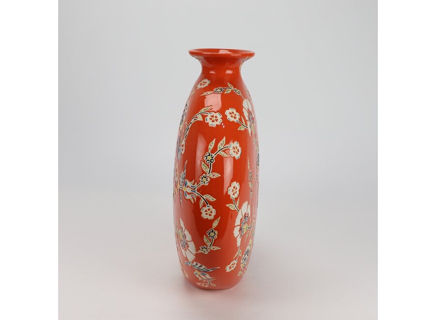 Vase Chinois Porcelaine Orange Fleurs Peint à la Main L32xP12xH34cm