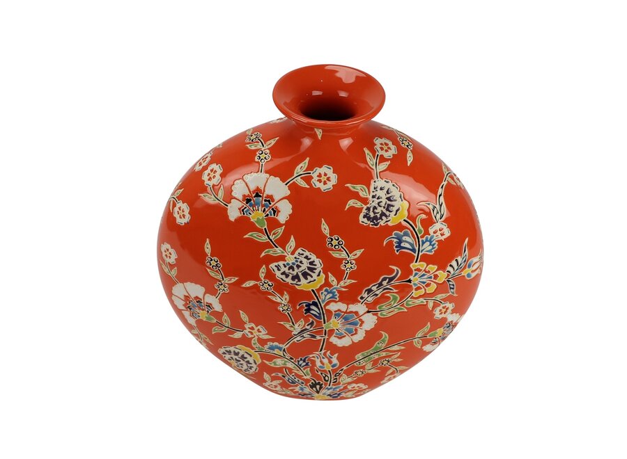 Vase Chinois Porcelaine Orange Fleurs Peint à la Main L32xP12xH34cm