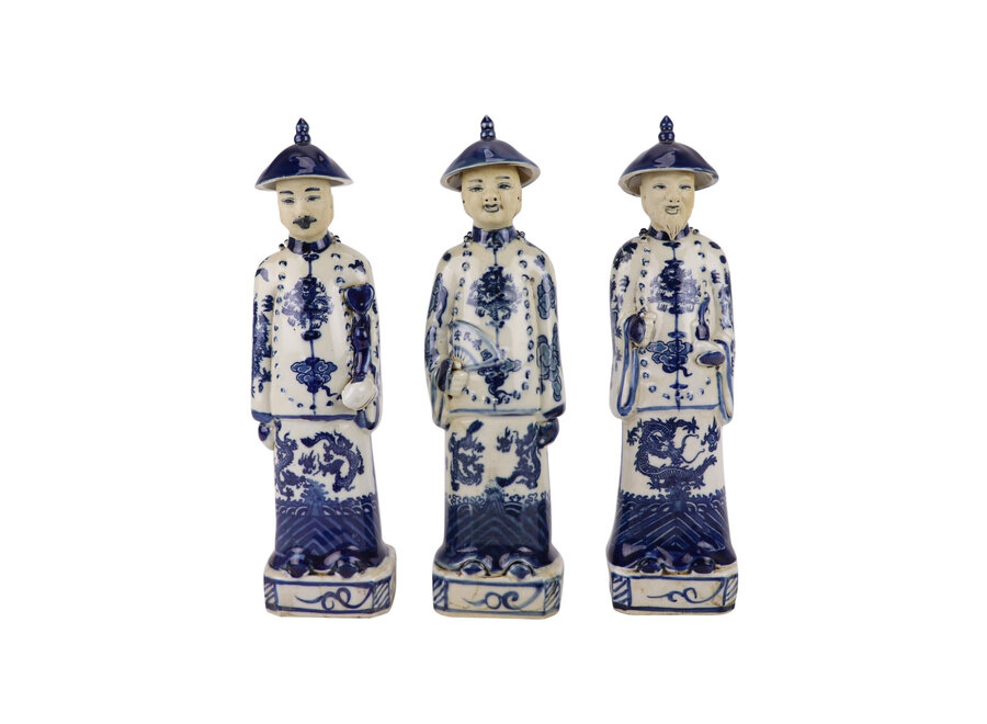 Figurine en Porcelaine Empereur Chinois Trois Générations Bleu Blanc Peint à la Main Set/3 L8xPxH27cm