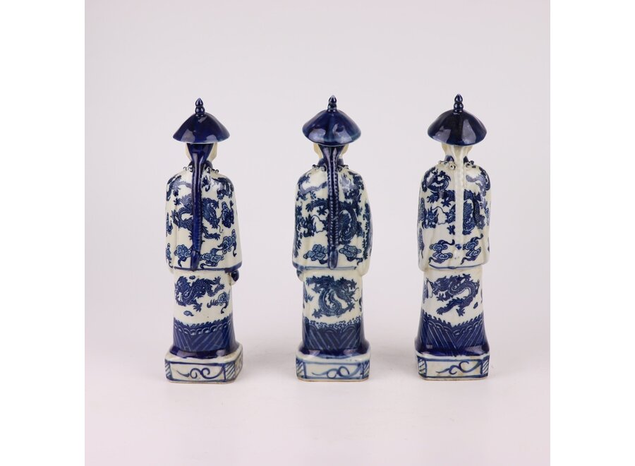 Figurine en Porcelaine Empereur Chinois Trois Générations Bleu Blanc Peint à la Main Set/3 L8xPxH27cm