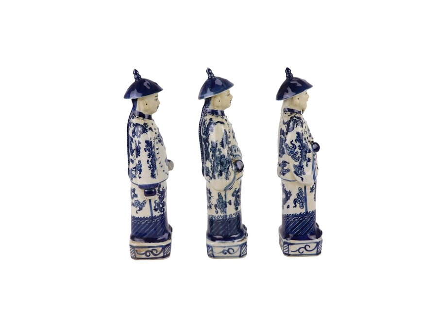Figurine en Porcelaine Empereur Chinois Trois Générations Bleu Blanc Peint à la Main Set/3 L8xPxH27cm