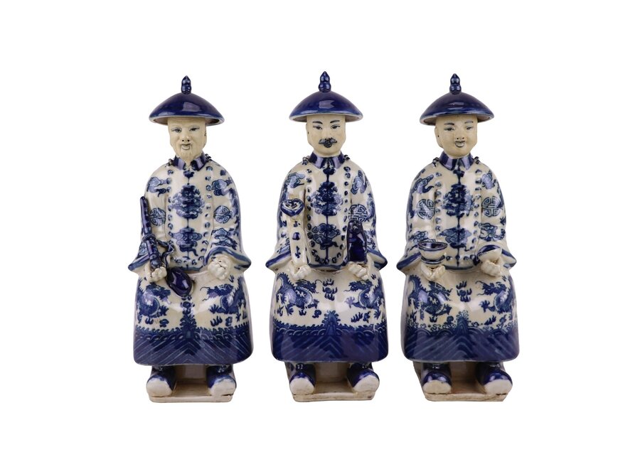 Chinese Emperor Seated Porcelain Figurine Three Generations Blue White Hand-Painted Set/3 W11xD10xH27cm