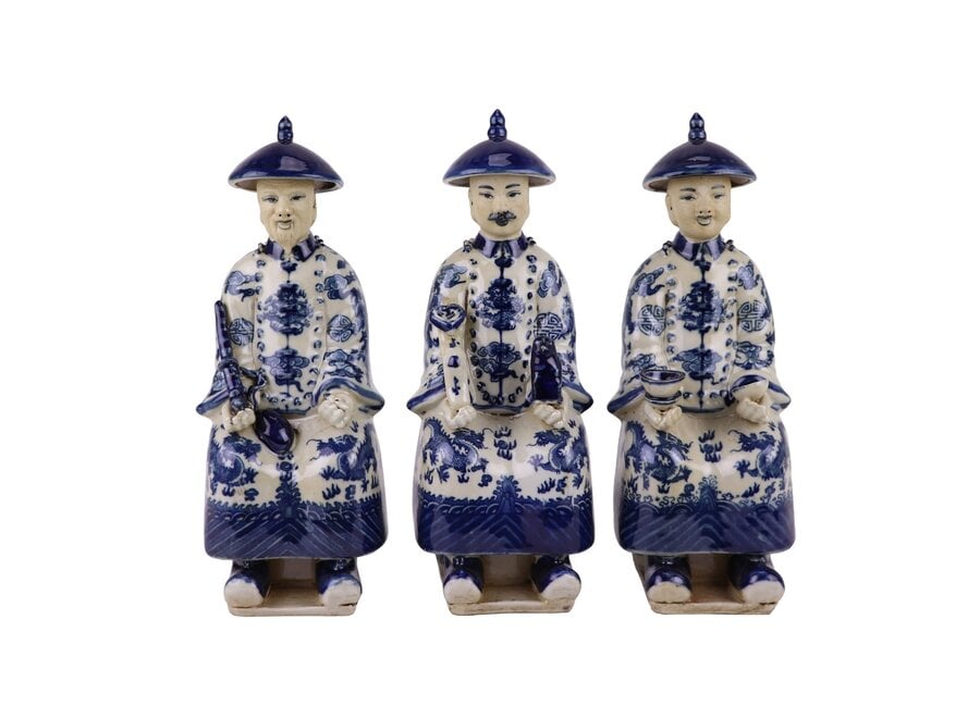 Figurine en Porcelaine Empereur Assis Chinois Trois Générations Bleu Blanc Peint à la Main Set/3 L11xP10xH27cm