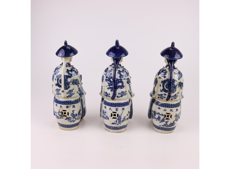 Chinese Emperor Seated Porcelain Figurine Three Generations Blue White Hand-Painted Set/3 W11xD10xH27cm