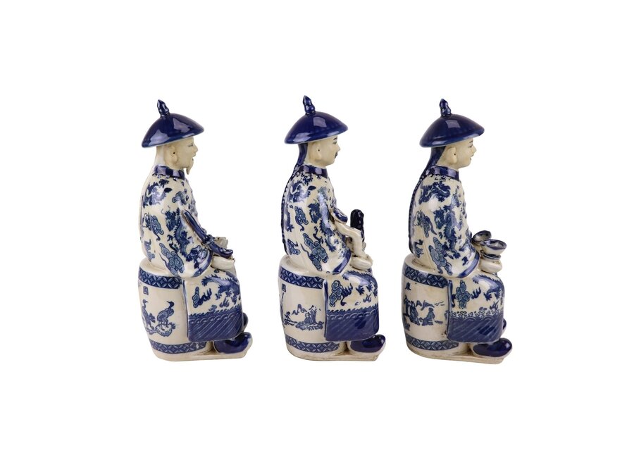 Figurine en Porcelaine Empereur Assis Chinois Trois Générations Bleu Blanc Peint à la Main Set/3 L11xP10xH27cm