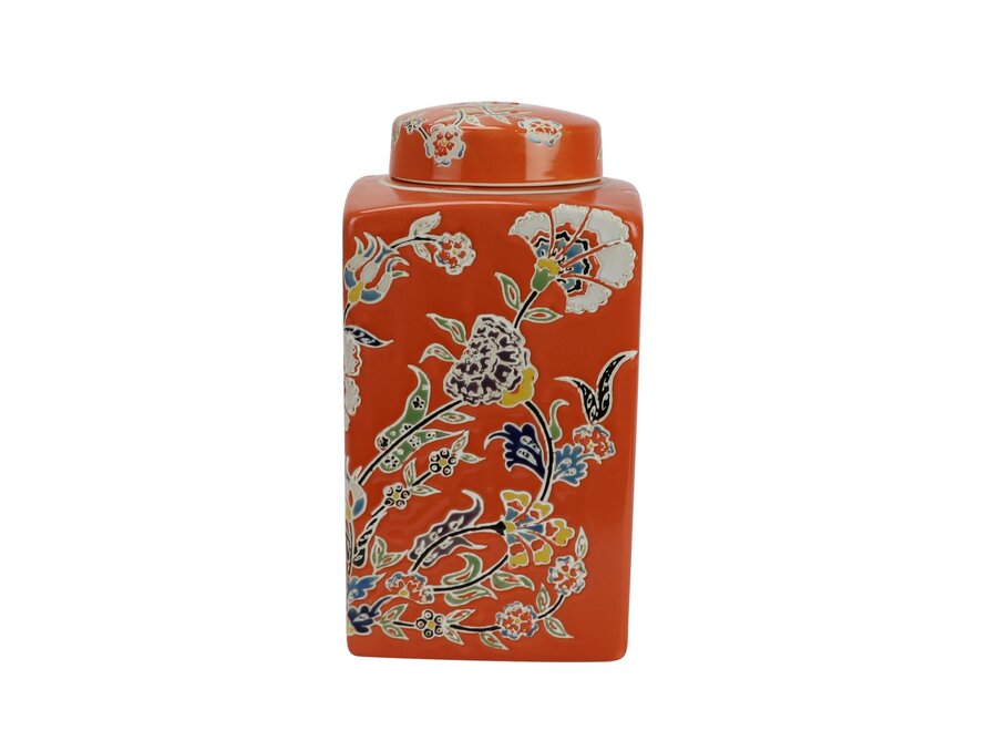 Pot à Gingembre Chinois Porcelaine Orange Fleurs Peint à la Main D14xH26cm