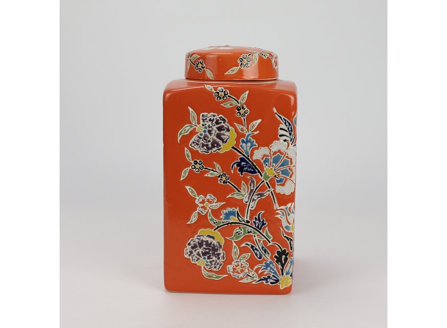 Chinesischer Vase mit Deckel Porzellan Orange Blumen Handgemalt D14xH26cm