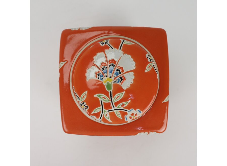 Tarro de Jengibre Chino Porcelana Naranja Flores Pintado a Mano D14xAl26cm