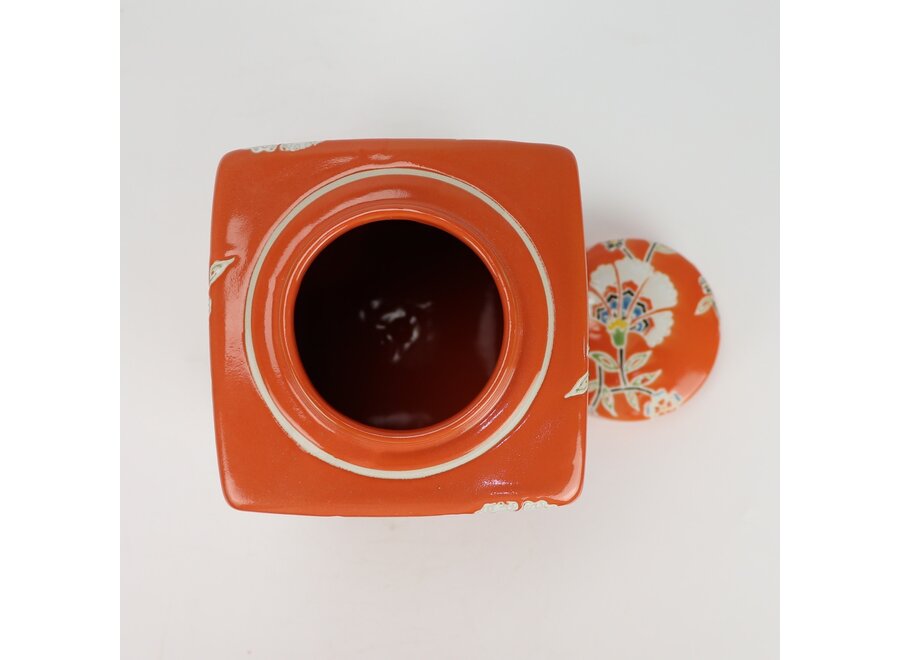 Tarro de Jengibre Chino Porcelana Naranja Flores Pintado a Mano D14xAl26cm