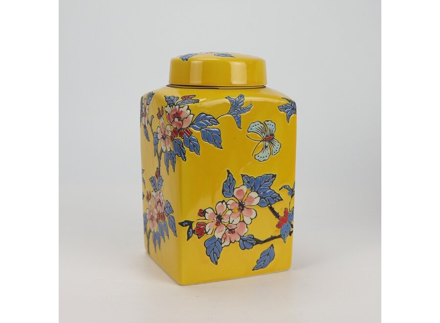 Pot à Gingembre Chinois Porcelaine Jaune Fleurs Peint à la Main D12xH21cm