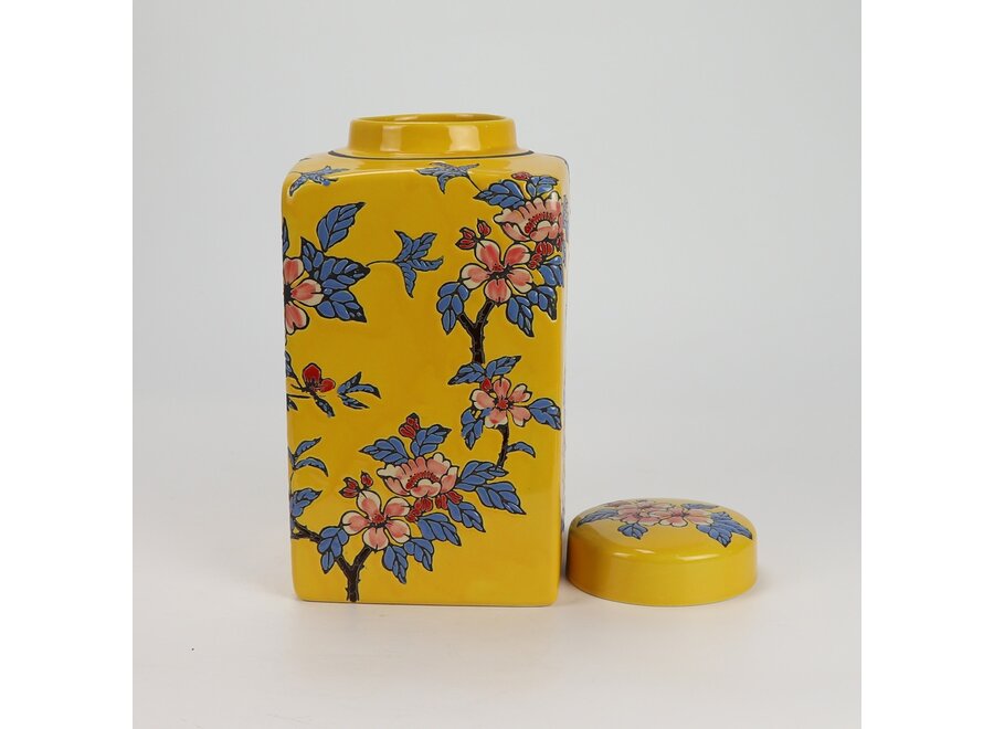 Chinesischer Vase mit Deckel Porzellan Gelbe Blumen Handgemalt D14xH26cm