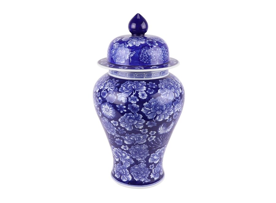 Pot à Gingembre Chinois Porcelaine Bleu Marine Pivoines Peint à la Main D19xH36cm