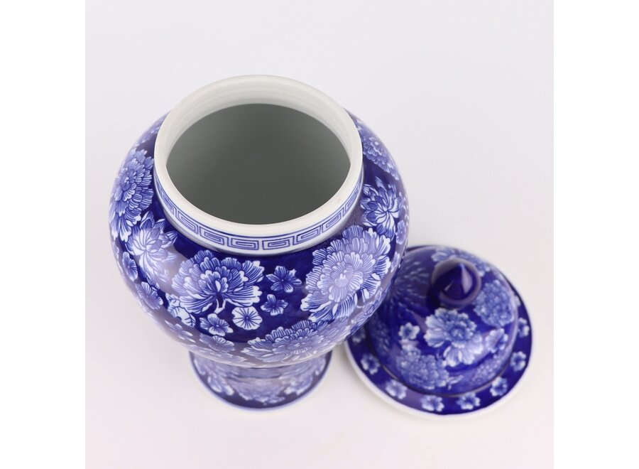 Pot à Gingembre Chinois Porcelaine Bleu Marine Pivoines Peint à la Main D19xH36cm