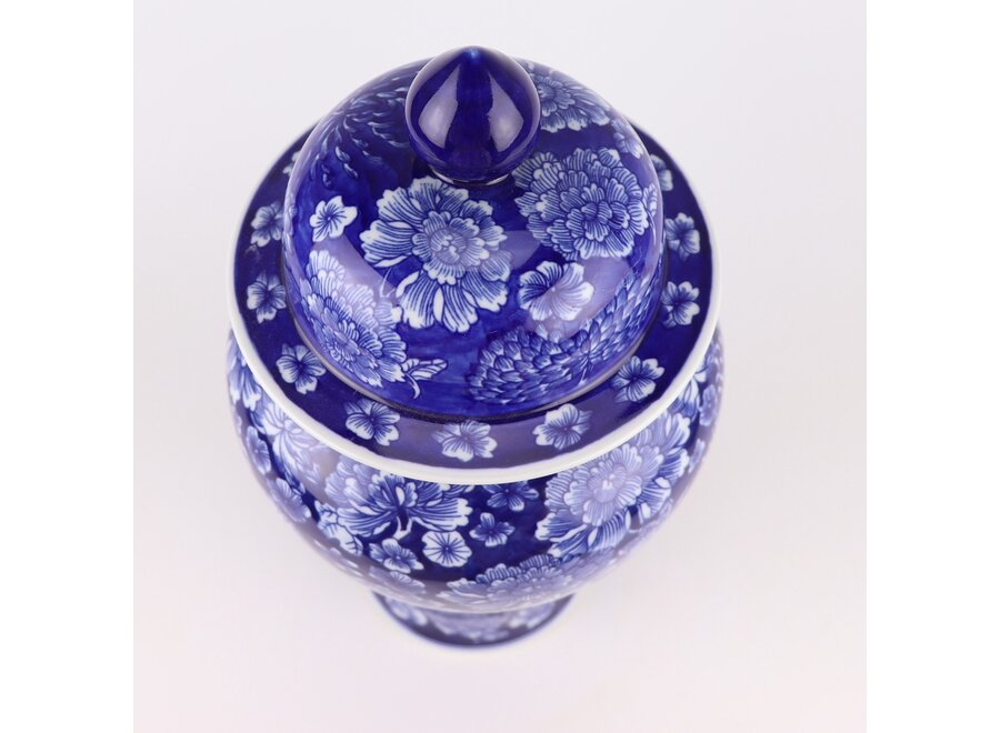 Pot à Gingembre Chinois Porcelaine Bleu Marine Pivoines Peint à la Main D19xH36cm
