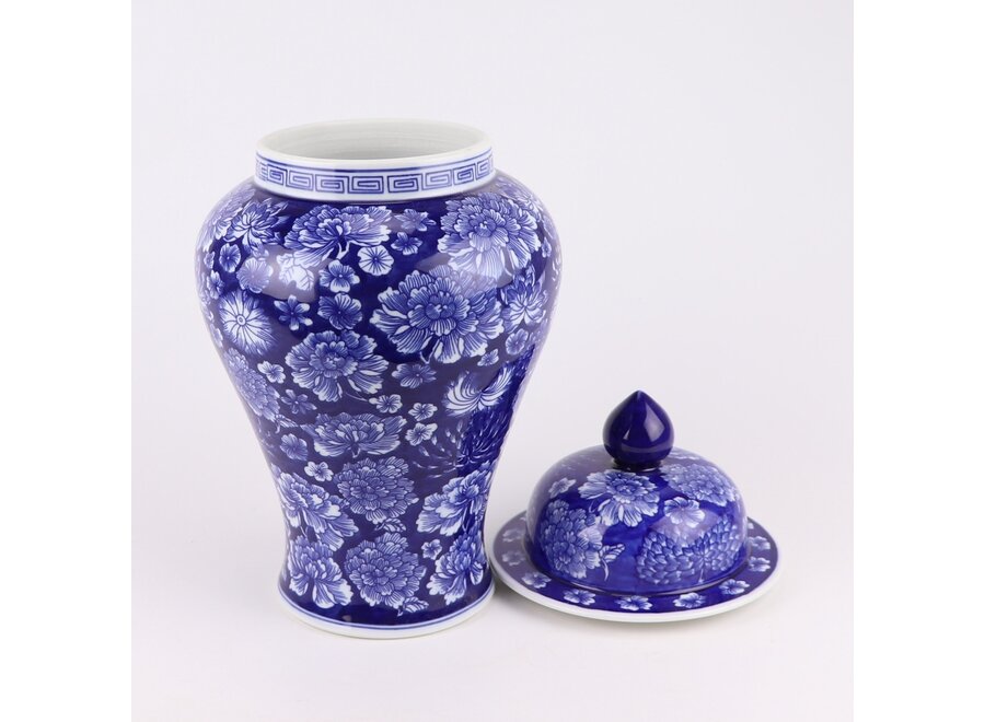 Chinesischer Vase mit Deckel Porzellan Navy Blau Pfingstrosen Handgemalt D19xH36cm