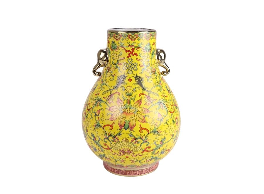 Vase Chinois Porcelaine Jaune Peint à la Main D22xH31cm