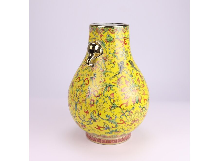 Vase Chinois Porcelaine Jaune Peint à la Main D22xH31cm