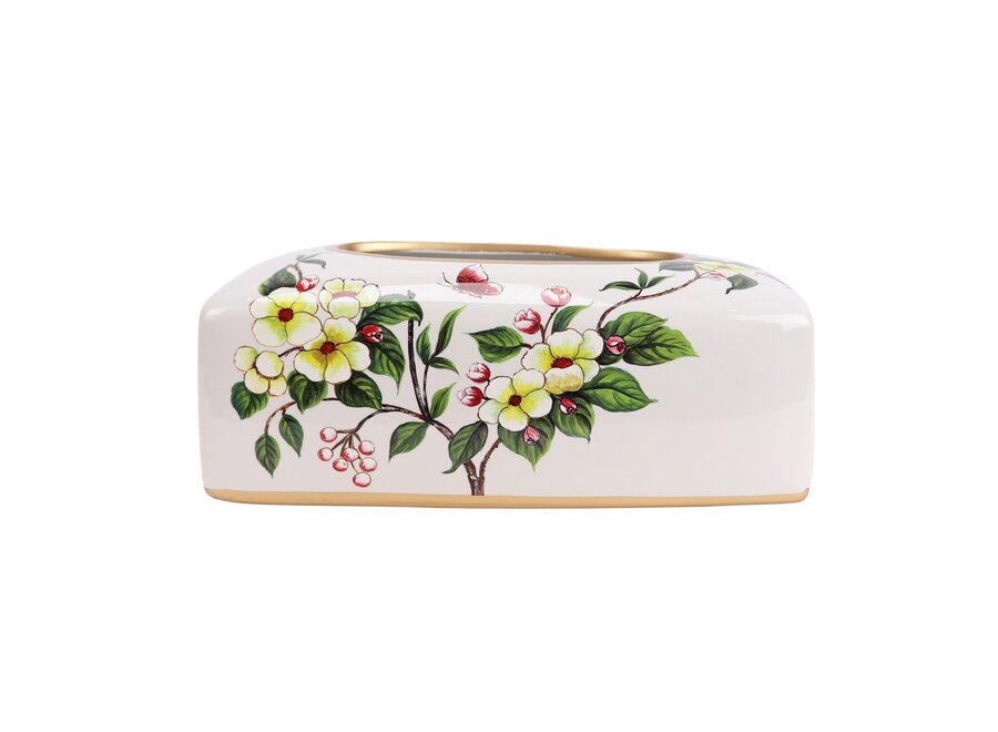 Boîte de Mouchoirs Chinoise Porcelaine Blanc Fleurs L23xP9xH14cm