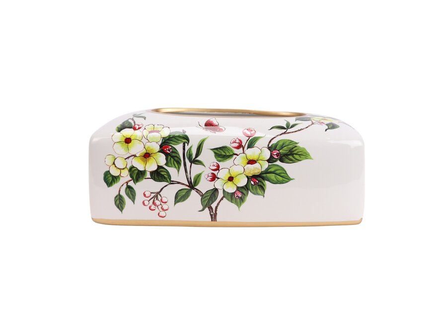 Caja de Pañuelos China Porcelana Blanco Flores An23xP9xAl14cm