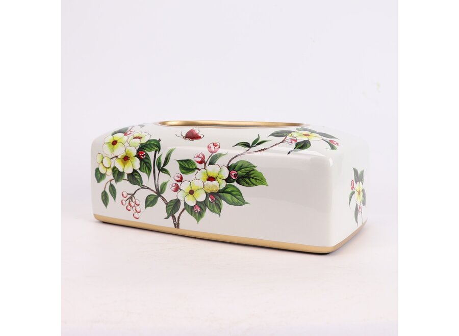 Boîte de Mouchoirs Chinoise Porcelaine Blanc Fleurs L23xP9xH14cm