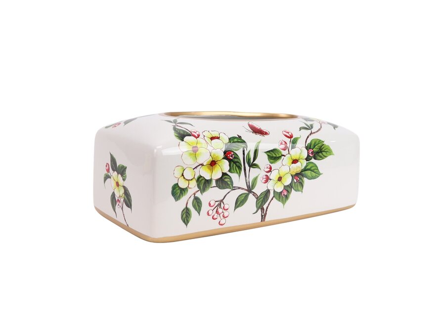 Boîte de Mouchoirs Chinoise Porcelaine Blanc Fleurs L23xP9xH14cm