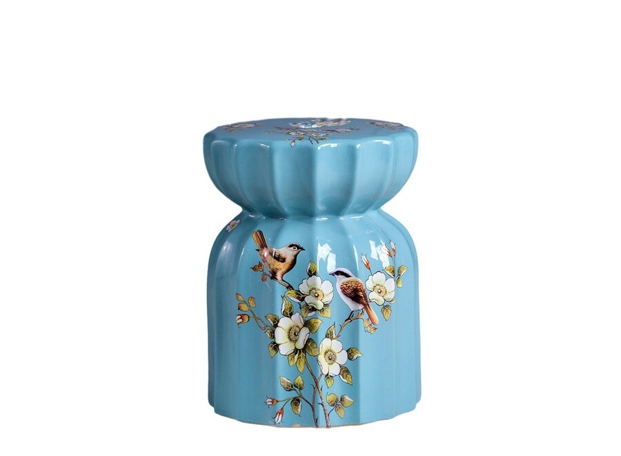 Keramik Hocker Blau Vögel Handgefertigt - Serina D26xH35cm