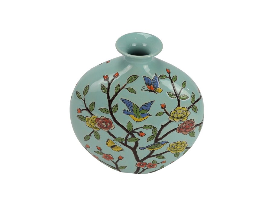 Vase Chinois Porcelaine Bleu Oiseaux Peint à la Main L23xP10xH26cm