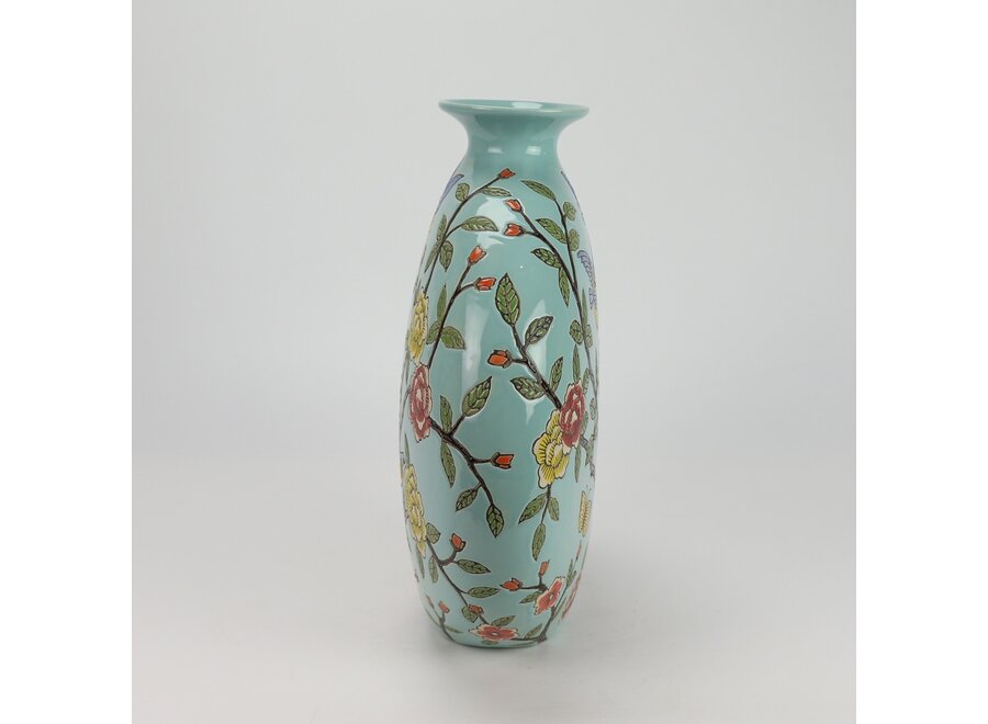 Chinesische Vase Porzellan Blau Vögel Handgemalt B32xT12xH34cm