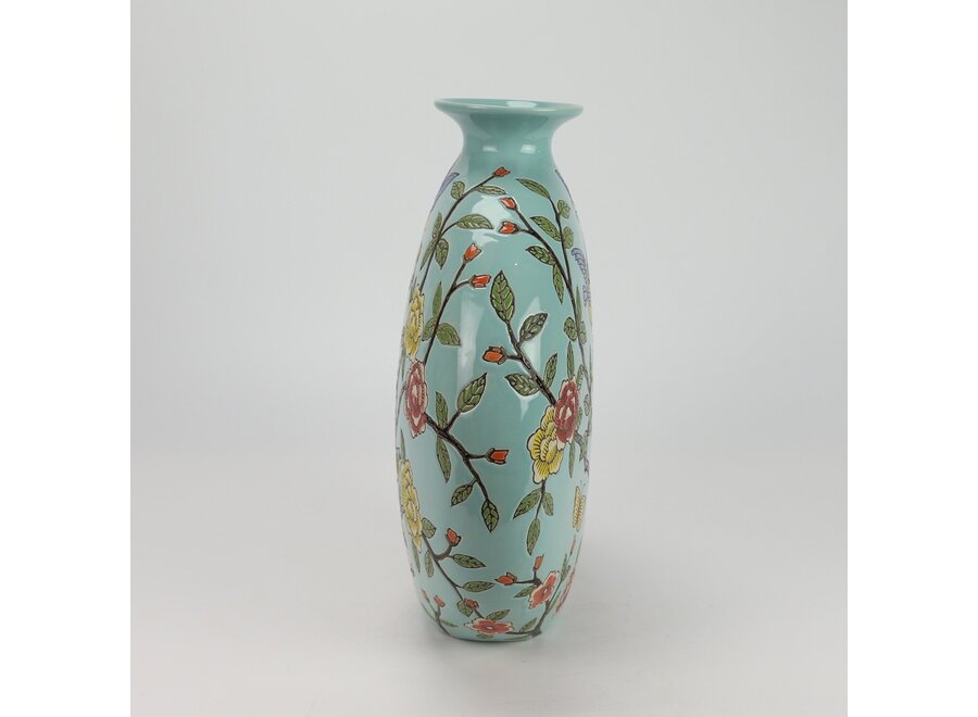 Vase Chinois Porcelaine Bleu Oiseaux Peint à la Main L32xP12xH34cm