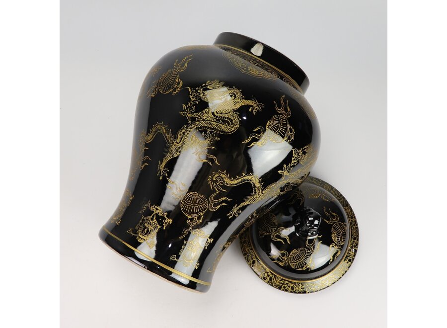 Pot à Gingembre Chinois Porcelaine Noir Dragon Peint à la Main D29xH46cm