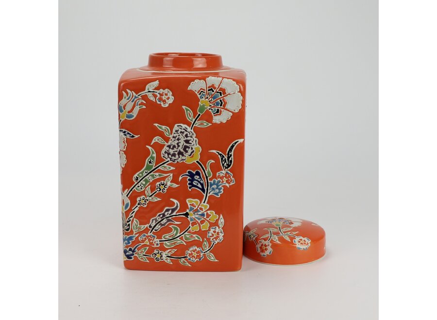 Chinesischer Vase mit Deckel Porzellan Orange Blumen Handgemalt D12xH21cm