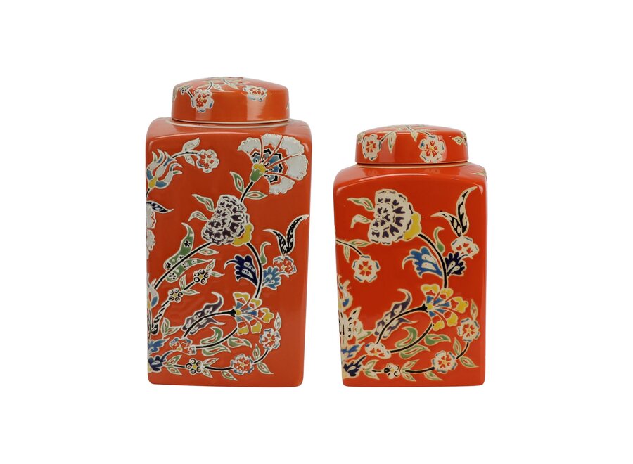 Pot à Gingembre Chinois Porcelaine Orange Fleurs Peint à la Main D14xH26cm