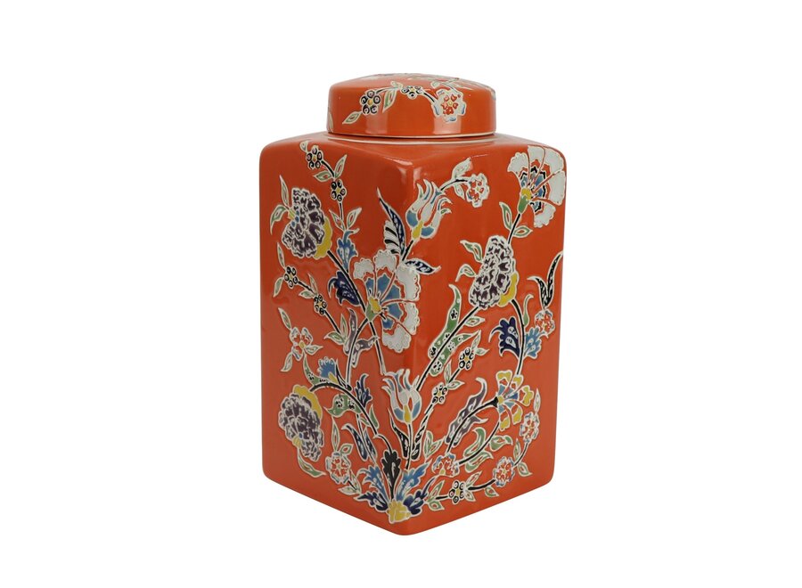 Pot à Gingembre Chinois Porcelaine Orange Fleurs Peint à la Main D14xH26cm
