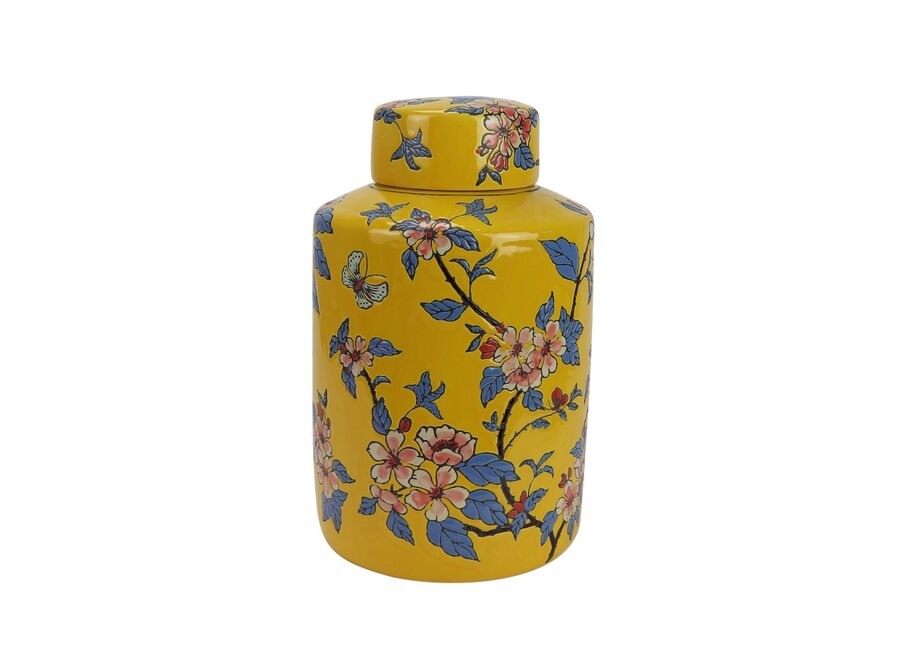 Chinesischer Vase mit Deckel Porzellan Gelbe Blumen Handgemalt D20xH31cm