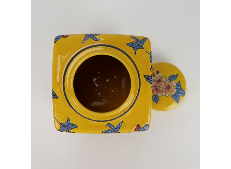 Pot à Gingembre Chinois Porcelaine Jaune Fleurs Peint à la Main D14xH26cm