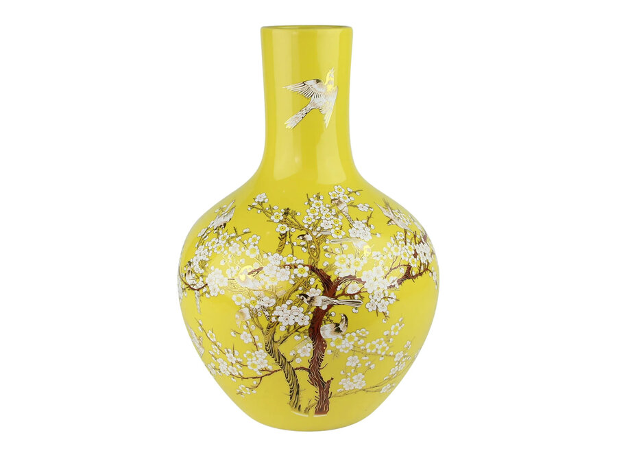 Vase Chinois Jaune Fleurs Fait Main D24xH36cm