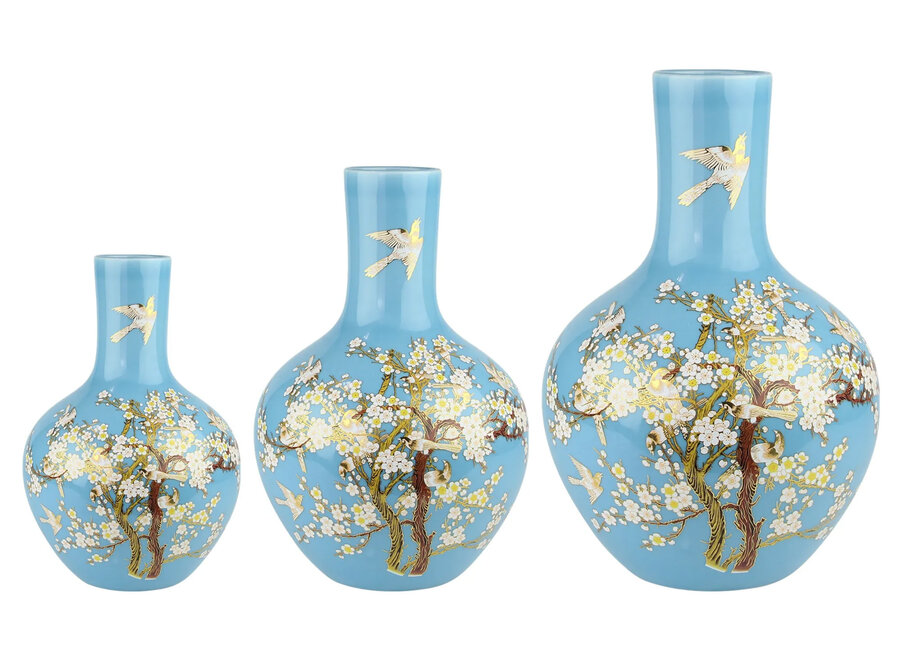 Vase Chinois Bleu Fleurs Fait Main D31xH47cm