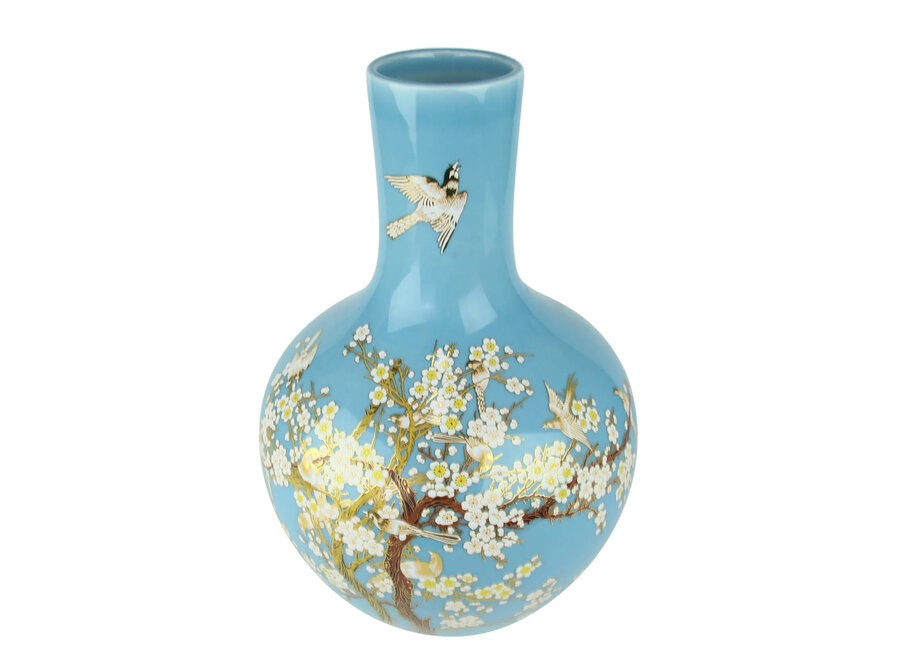 Vase Chinois Bleu Fleurs Fait Main D24xH36cm