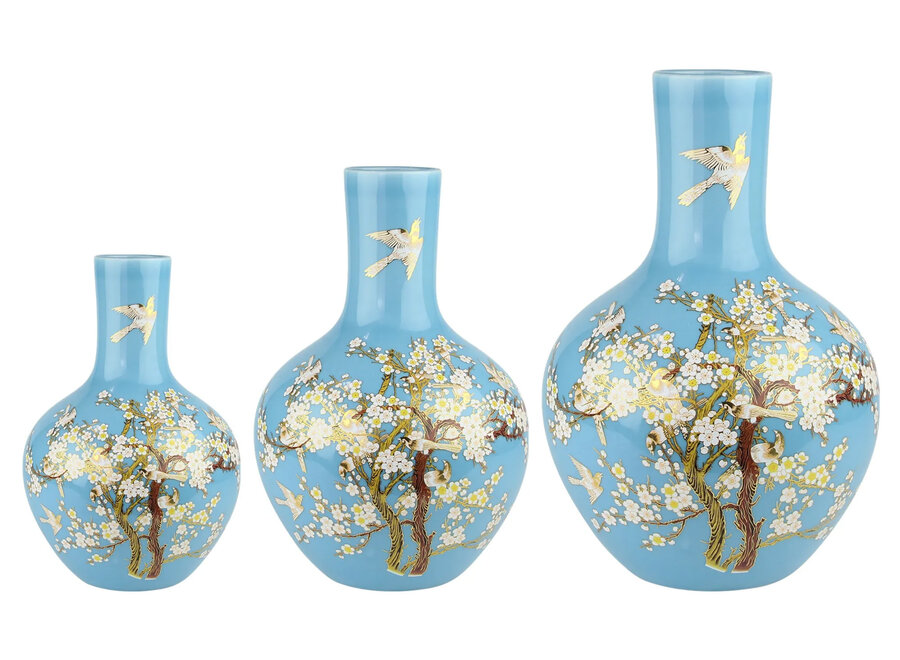 Vase Chinois Bleu Fleurs Fait Main D24xH36cm