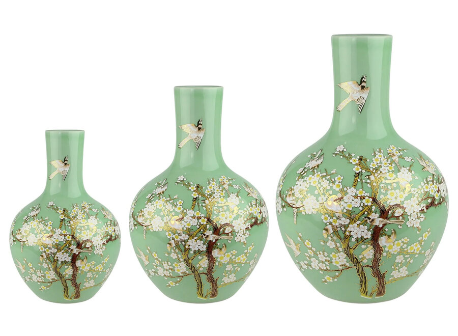 Vase Chinois Menthe Fleurs Fait Main D41xH57cm