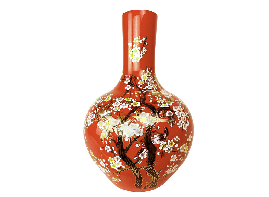 Vase Chinois Rouge Fleurs Fait Main D31xH47cm