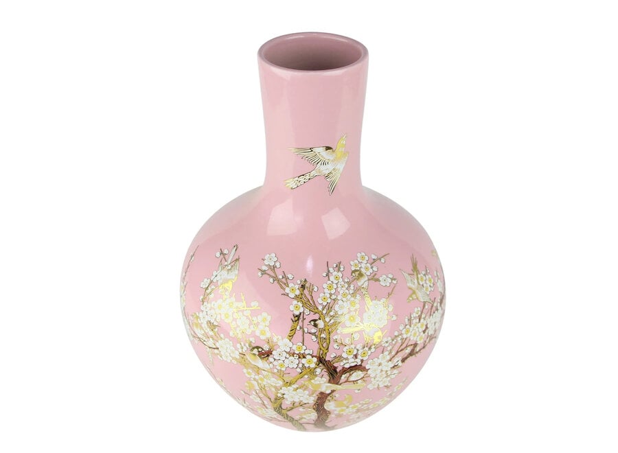 Vase Chinois Rose Fleurs Fait Main D41xH57cm