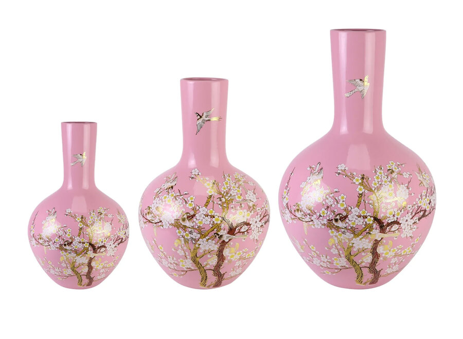 Vase Chinois Rose Fleurs Fait Main D41xH57cm