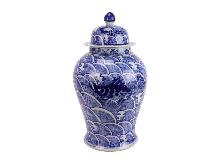 Tarro de Jengibre Chino Porcelana Azul Blanco Peces Koi Hand-Painted D27xH51cm