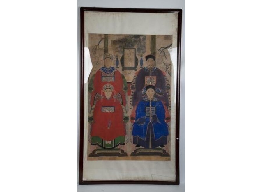 Antique Chinese Ancestral Group Portrait in Frame