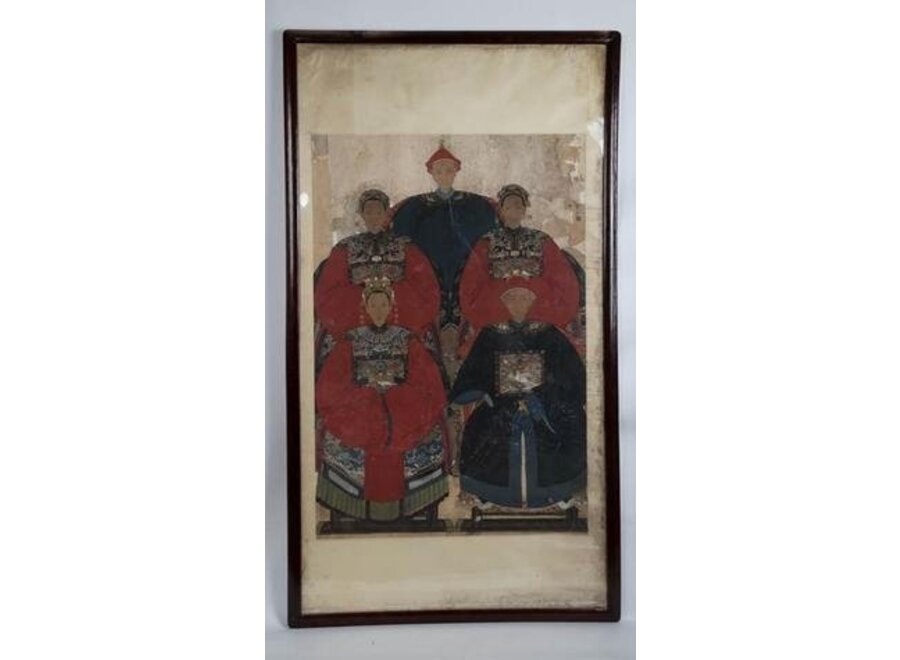 Antique Chinese Ancestral Group Portrait in Frame