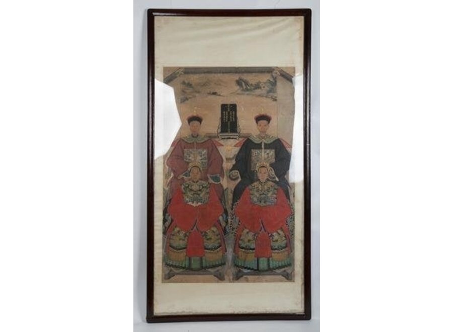 Antique Chinese Ancestral Group Portrait in Frame